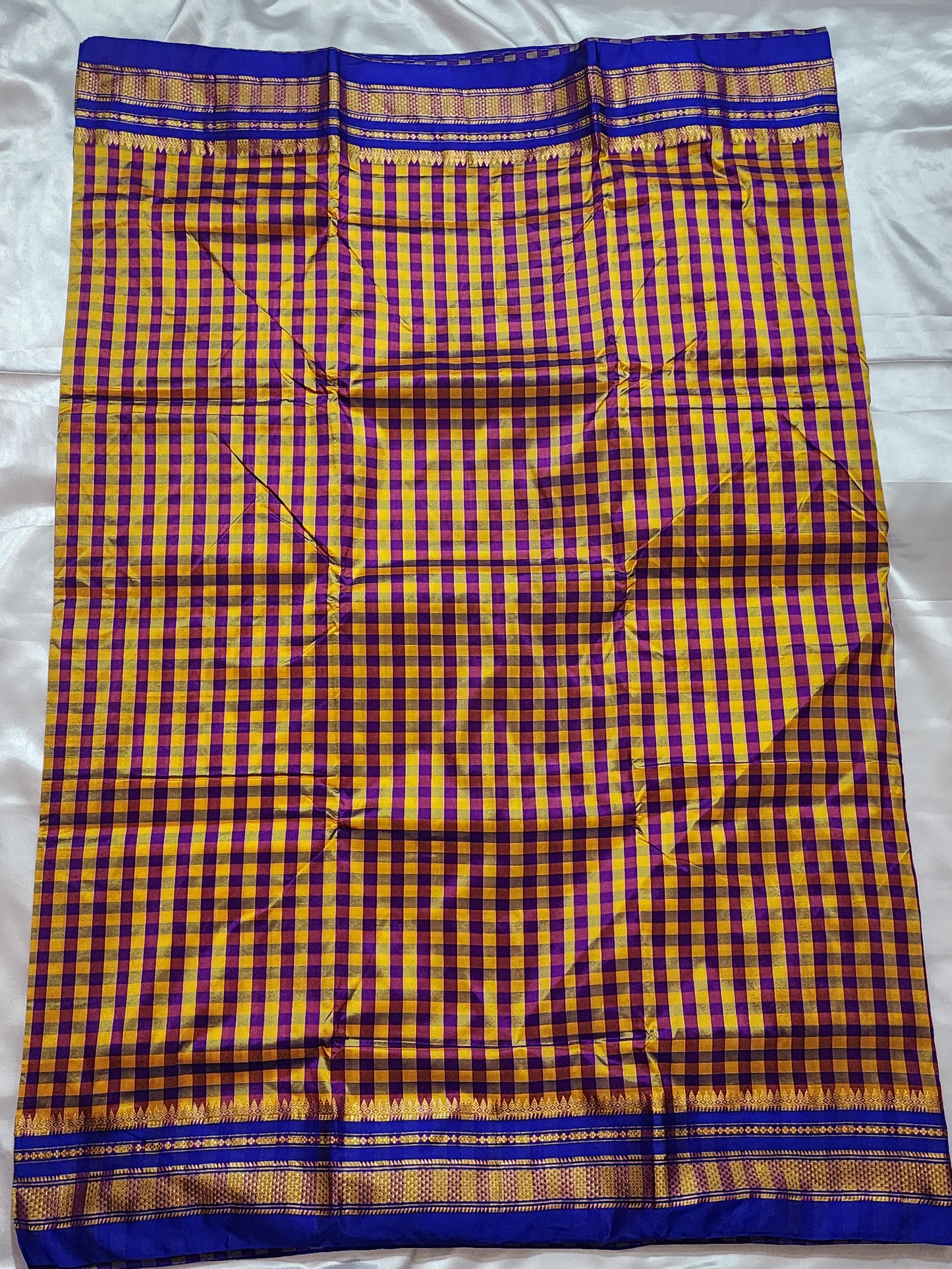 Yellow and Purple Checks Ilkal Silk Saree