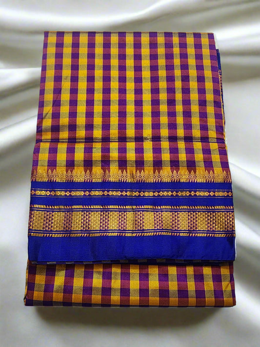 Yellow and Purple Checks Ilkal Silk Saree
