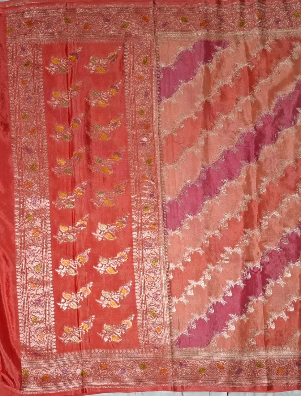 Peach Coral Banarasi Silk Saree with Silver Floral Vine Zari Weaves