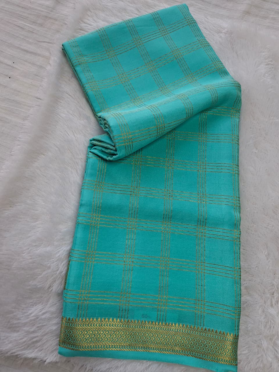 turquoise blue mysore crepe pure silk saree