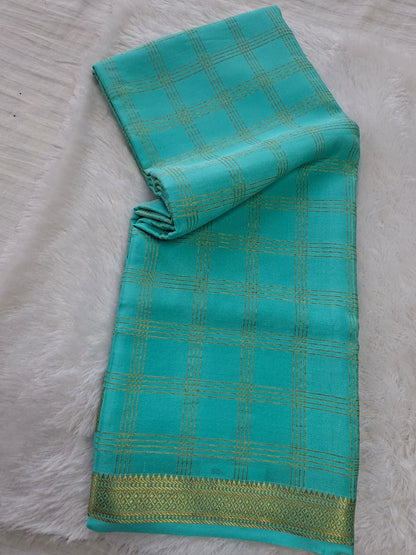 turquoise blue mysore crepe pure silk saree