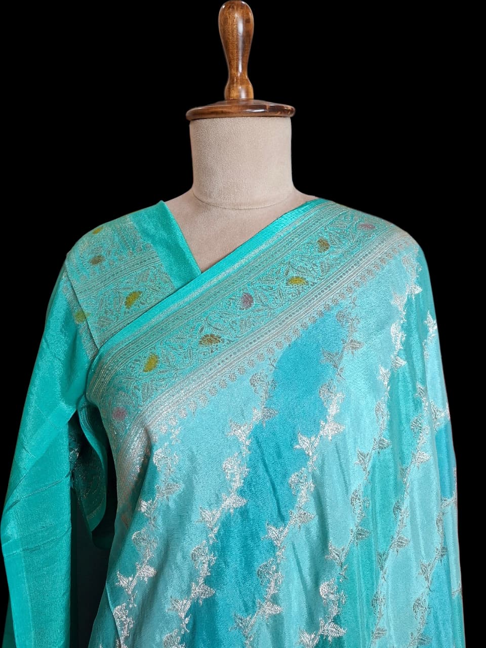 Blue Shaded Banarasi Silk Saree with Silver Floral Vine Zari Weaves