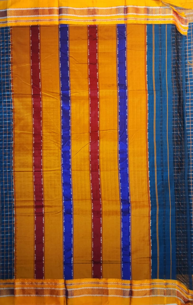 Deep Indigo Blue Double Checks Ilkal Cotton Saree with Mustard Zari Border
