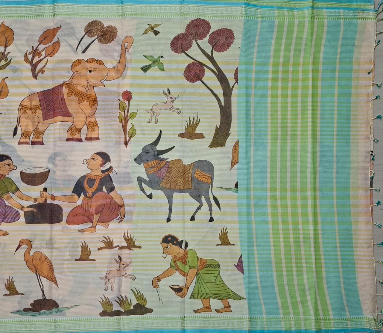 Kalamkari Beige Base-green border Khadi Cotton with Digital Print