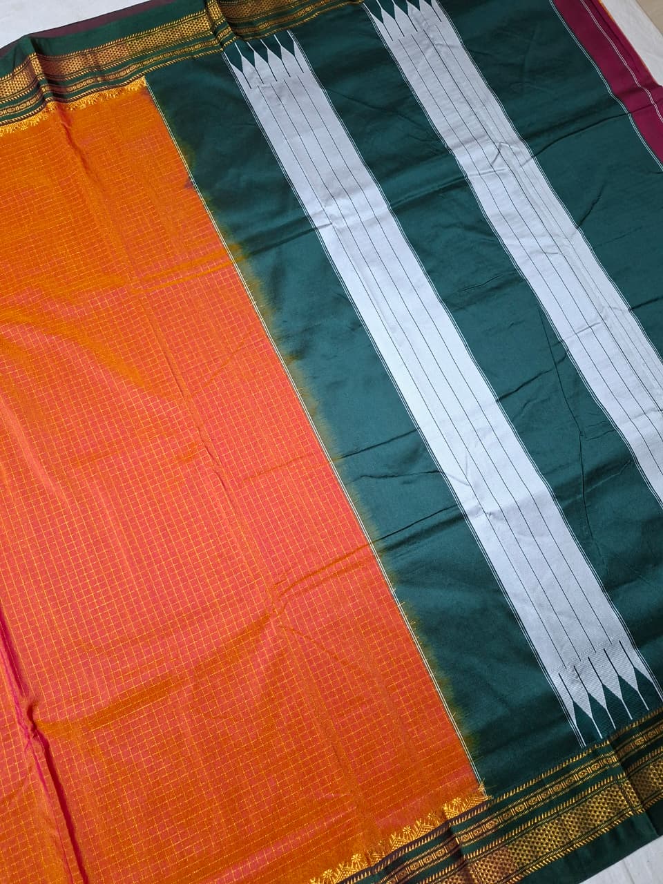 Sunset Orange Mini Checks Ilkal Meera Saree with Deep Bottle Green Border