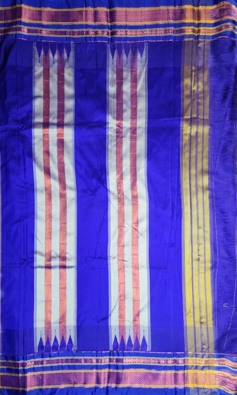 Yellow Kalamkari Ilkal Fusion Saree with Royal Blue Pallu & Pink–Gold Zari Border