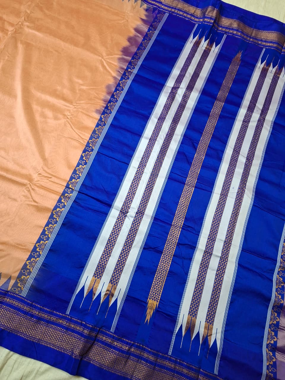 Rose Gold Ilkal Viscose Silk Saree with Royal Blue Chikki Paras Border