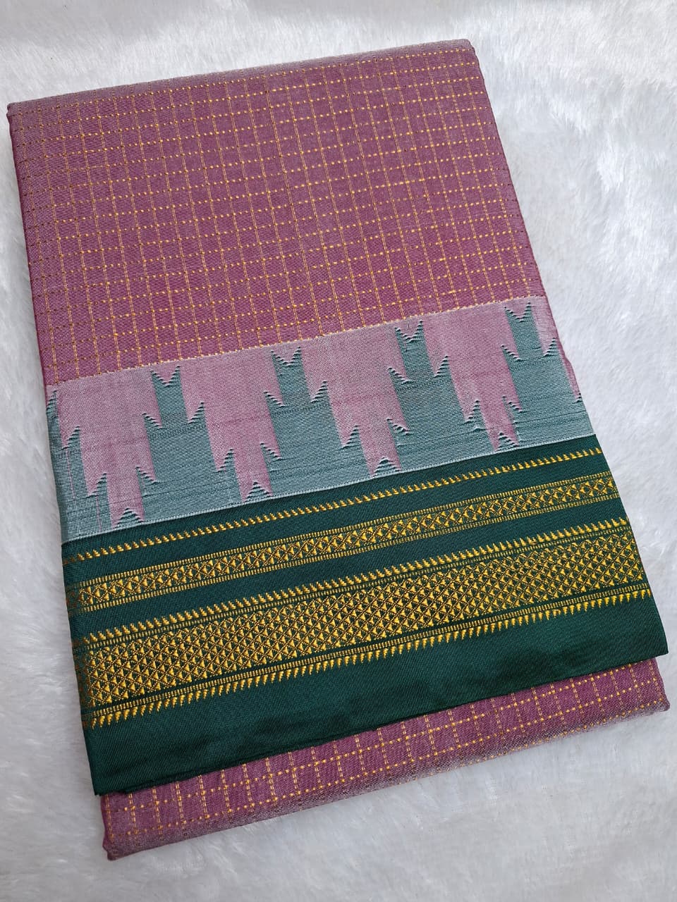 Dusty Mauve Gadwal Chaduranga Ilkal Cotton Saree with Contrast Zari Border & Pallu
