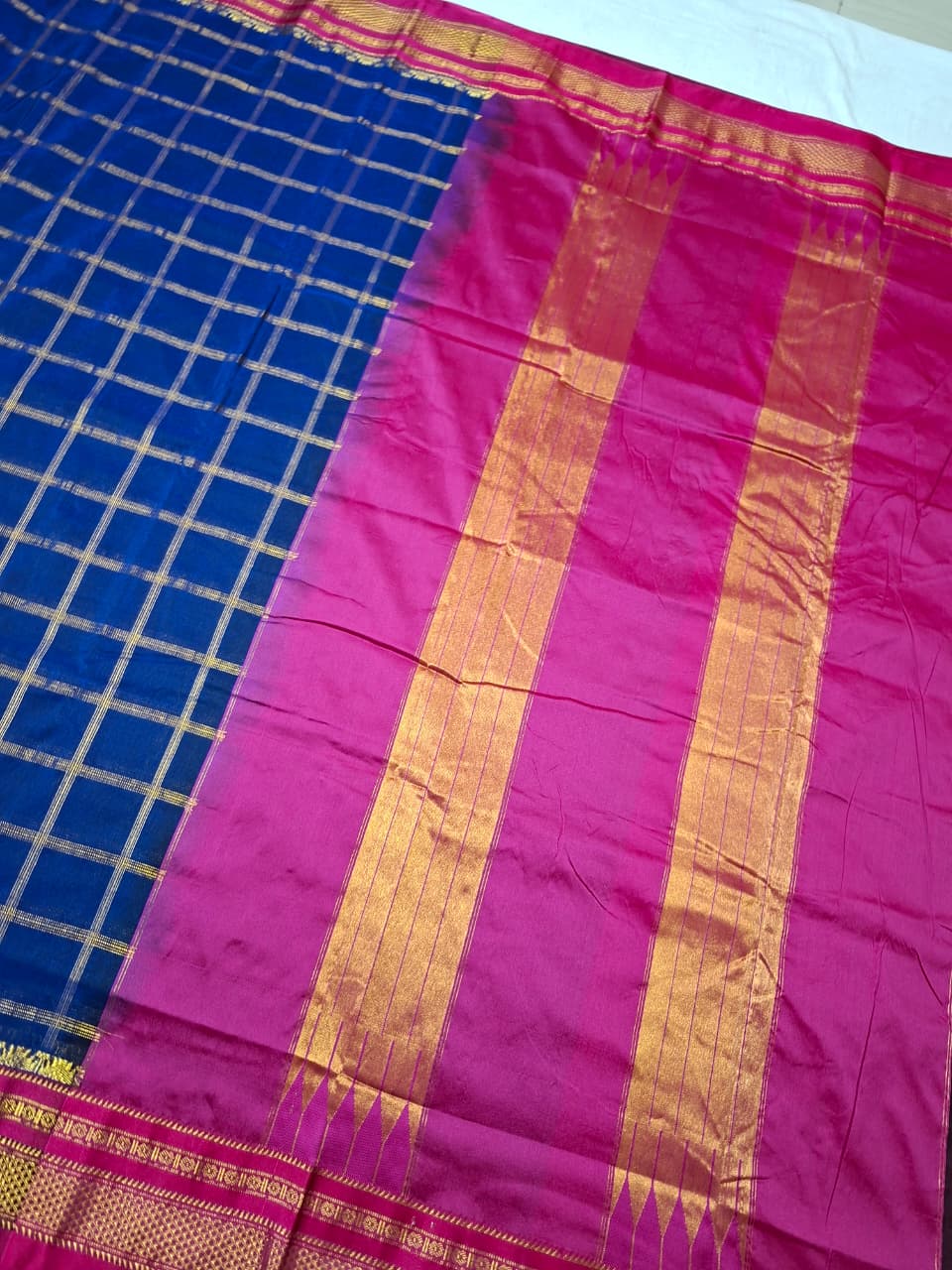 Royal Blue & Rani Pink  Big Jari Checks Ilkal Saree