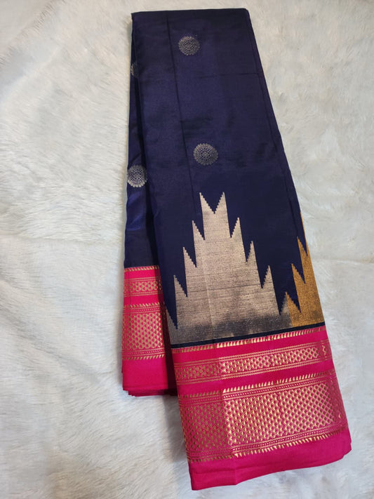 Navy Blue Gadwal Ilkal silk with Two-Colour Zari Temple Tower Border