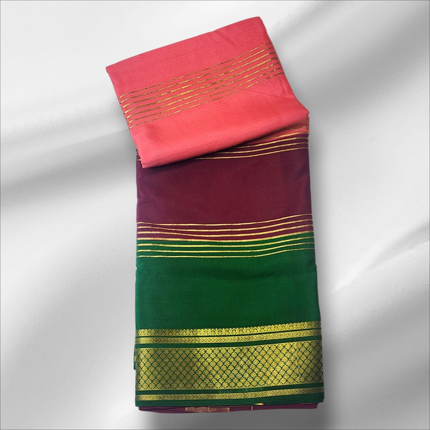 Mysore Silk Saree in Peach, Maroon & Emerald Green with Rich Zari Border