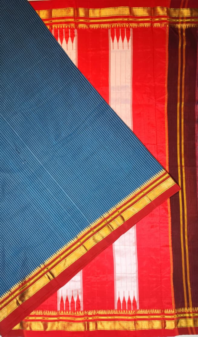 Blue Ilkal Checks Cotton Saree with Thode Paras Border & Silk Pallu