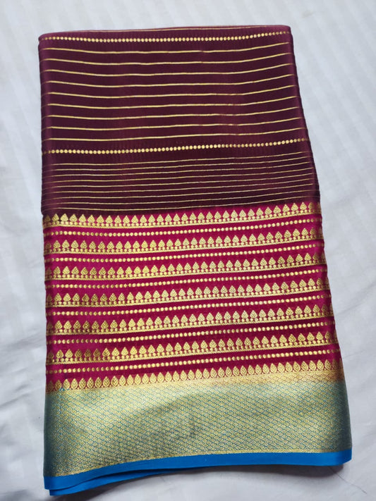 Brown Mysore Silk Saree with Golden Lines