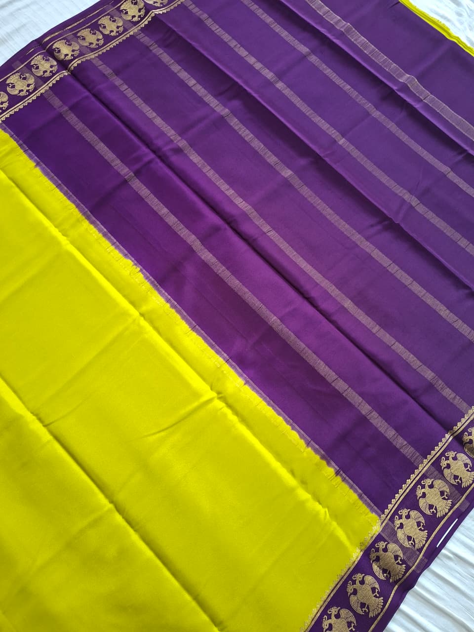 Lemon Yellow Mysore Crepe Silk with purple border-gandberunda motifs