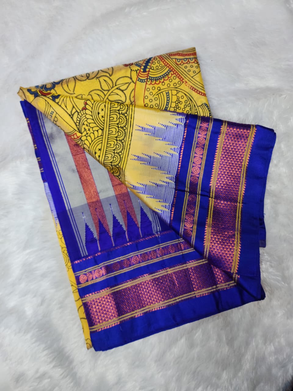 Yellow Kalamkari Ilkal Fusion Saree with Royal Blue Pallu & Pink–Gold Zari Border