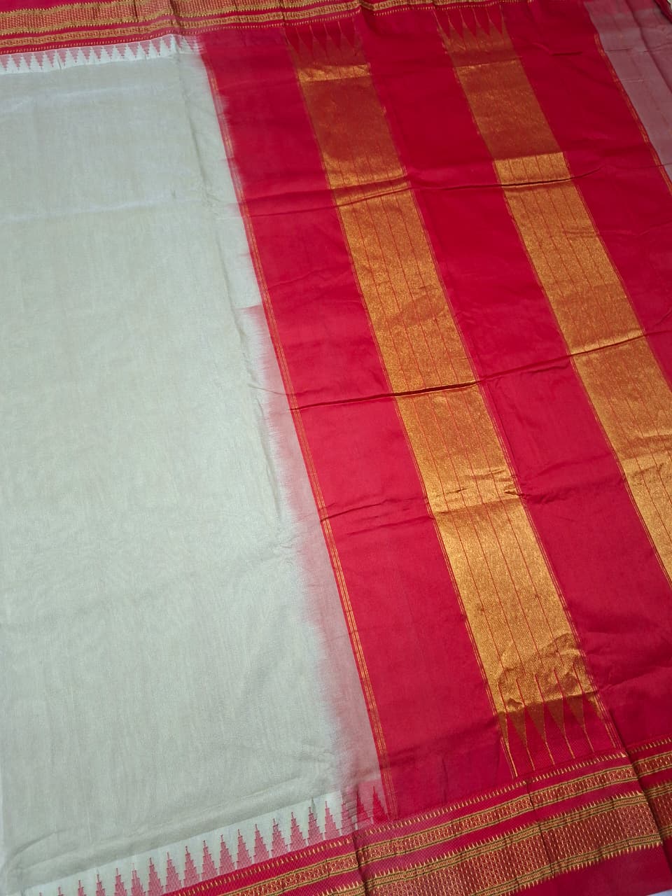 Sand Beige Mini Gadwal Ilkal Saree with Vermilion Red Chikki Paras Border