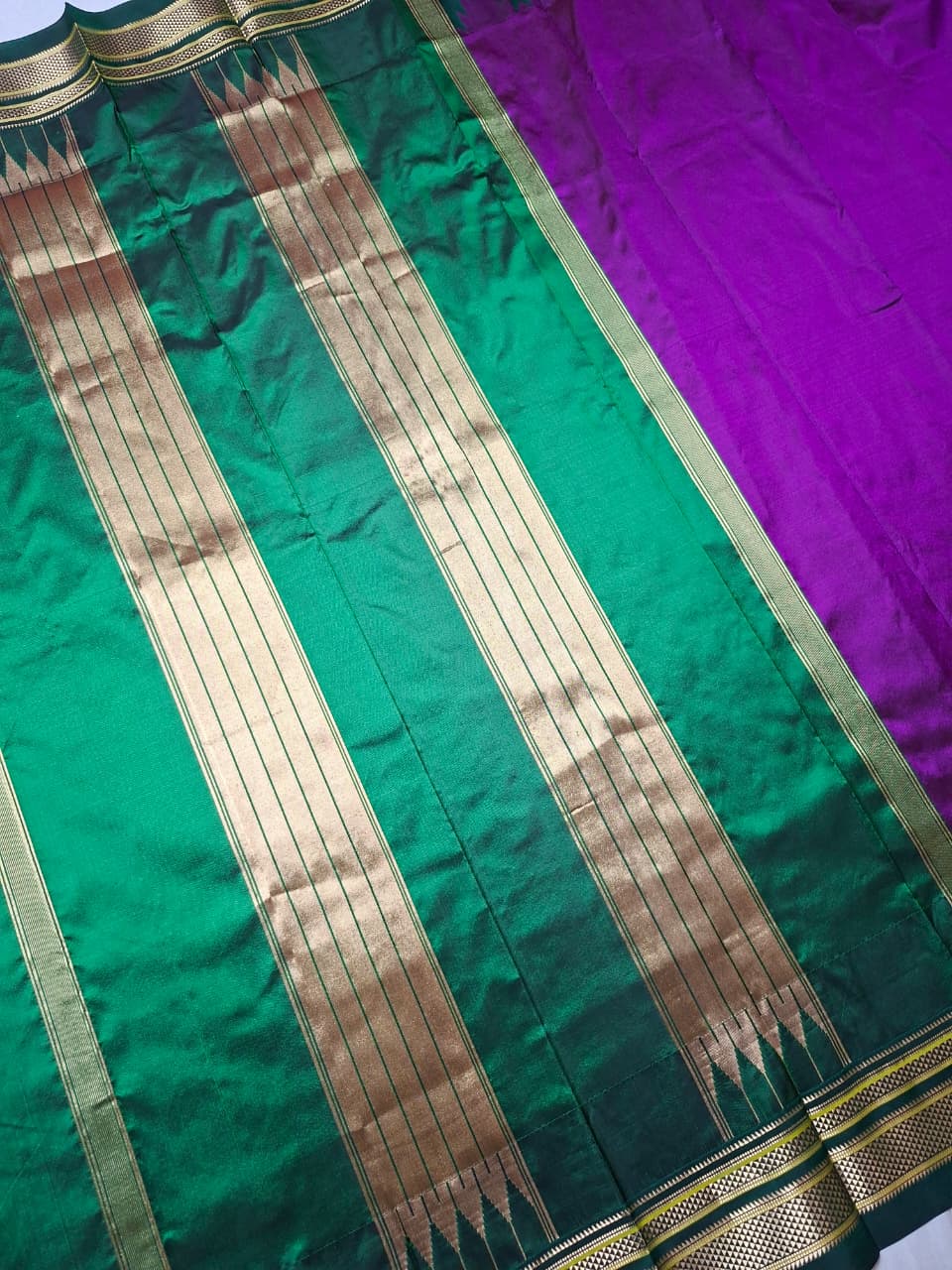 Pink Green plain with temple border ilkal silk