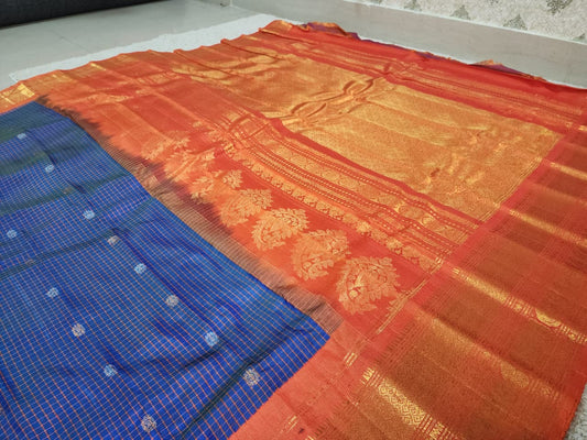 Pure Gadwal Silk Saree – Royal Blue Checks with Vermilion Orange Zari Border
