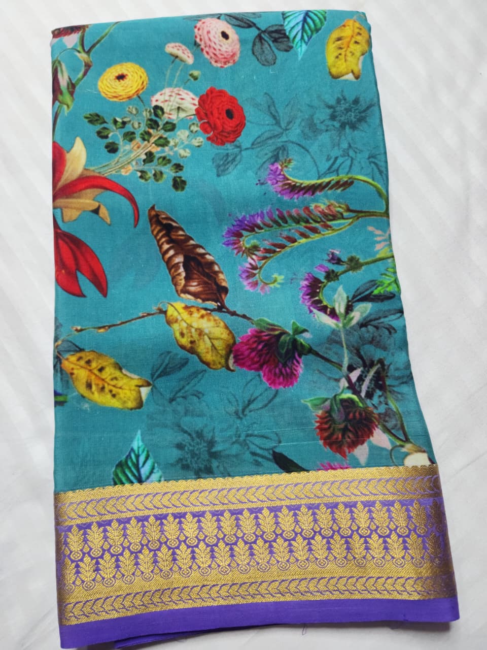 Teal Floral Print Mysore Silk Saree