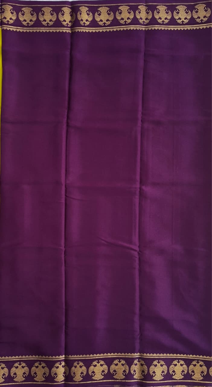 Lemon Yellow Mysore Crepe Silk with purple border-gandberunda motifs