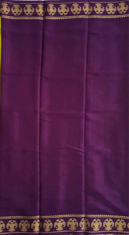Lemon Yellow Mysore Crepe Silk with purple border-gandberunda motifs