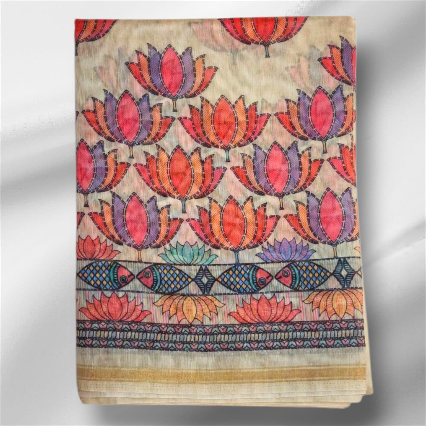 Beige Linen Cotton Saree with Vibrant Lotus and Fish Motif Print