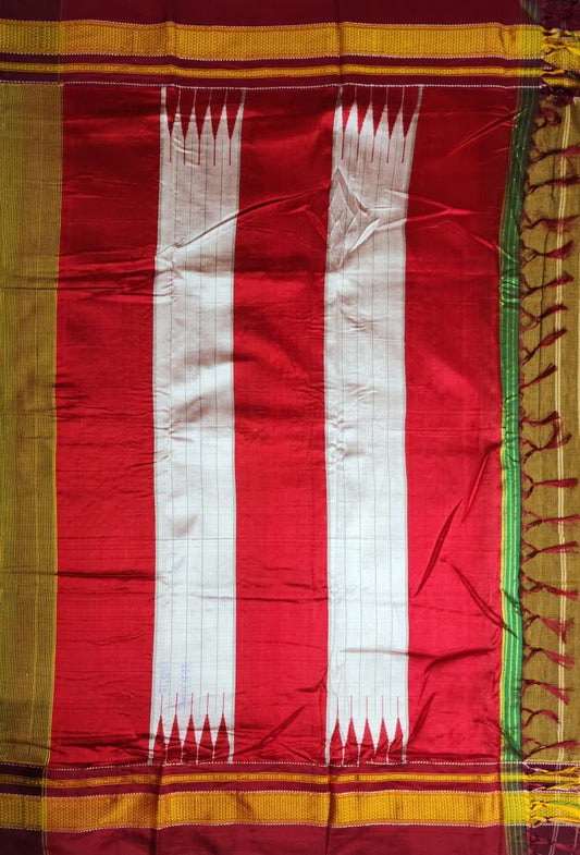 Mustard–Maroon Small Checks Ilkal Cotton Saree