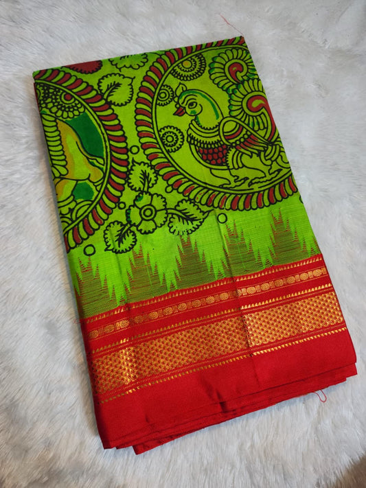 Parrot-Green Ilkal–Kalamkari Floral print Fusion Saree
