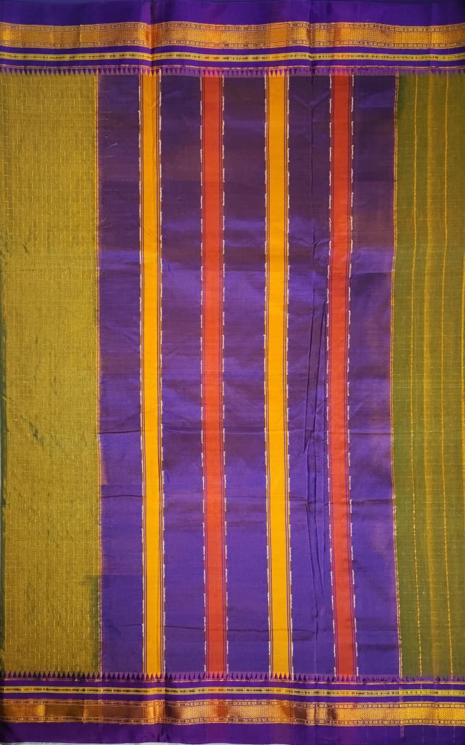 Olive-Green Ilkal Zig-Zag Cotton Saree with Contrast Zari Border & Pallu