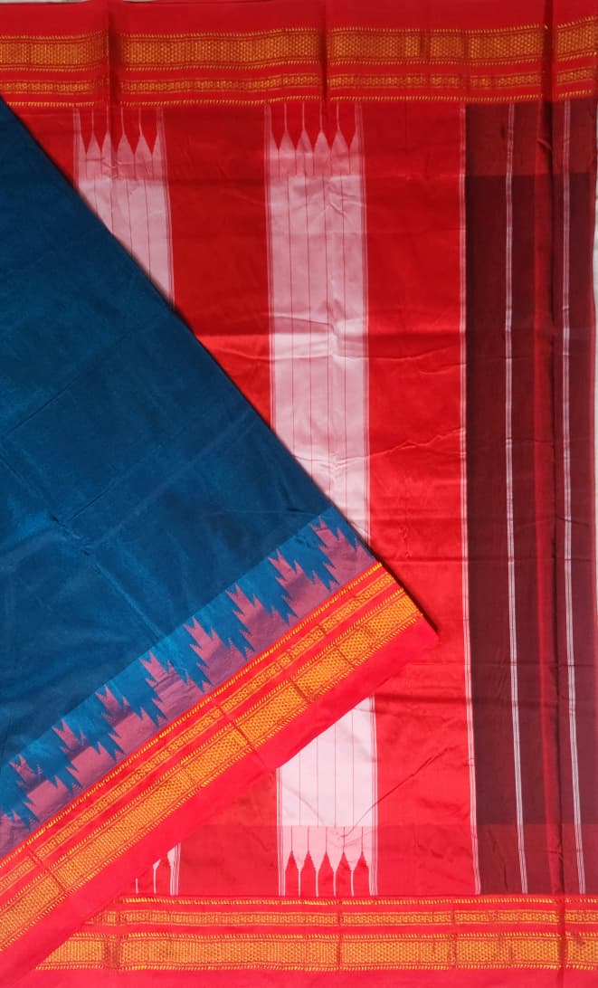 Navy Blue & Red Tana Gadawal Ilkal Cotton Saree