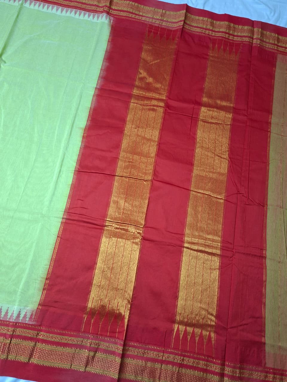 Pastel Pistachio Green Mini Gadwal Ilkal Saree with Vermilion Red Chikki Paras Border