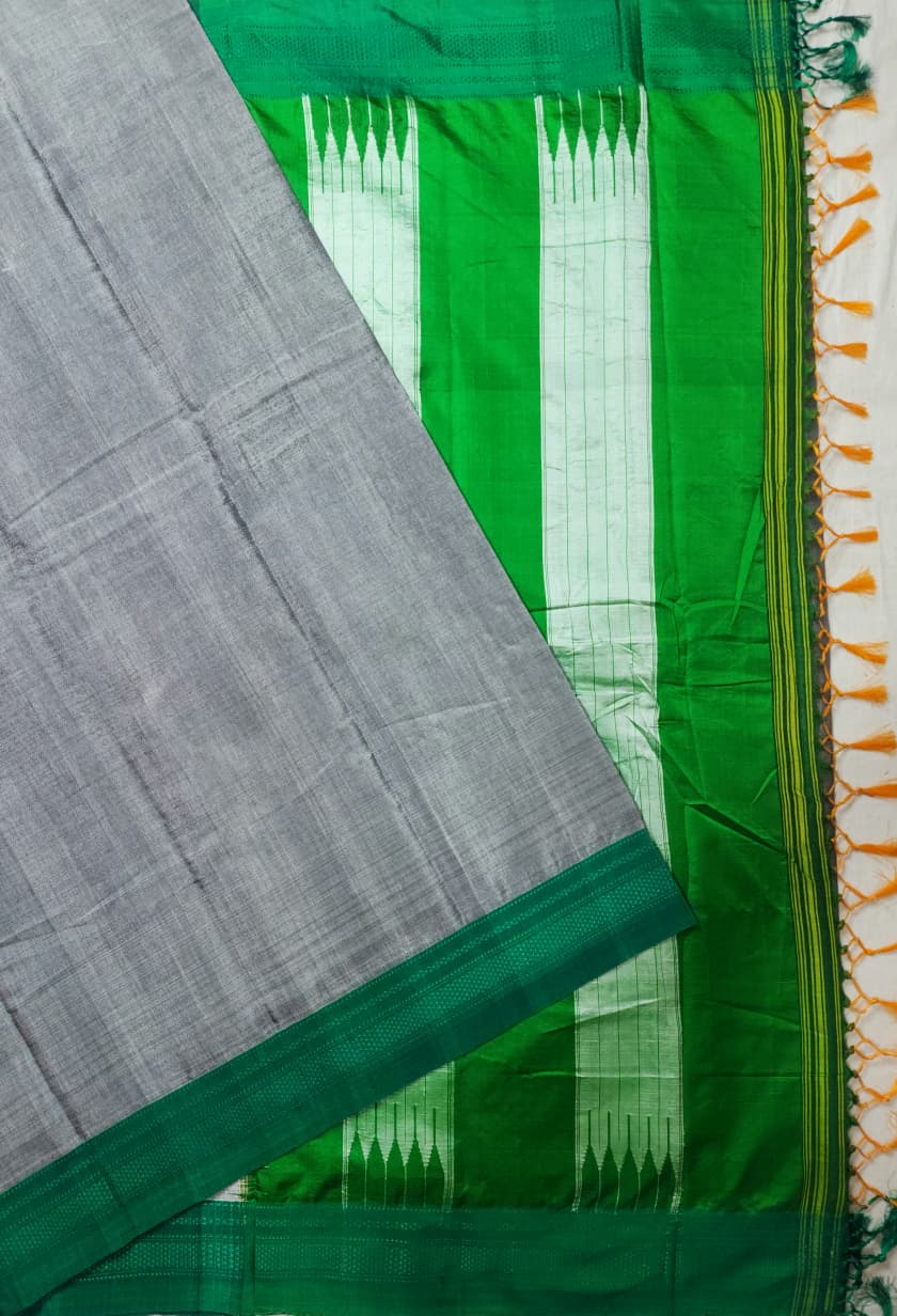 Grey Ilkal Viscose Handloom Saree with Silk Pallu & chikki Paras Border
