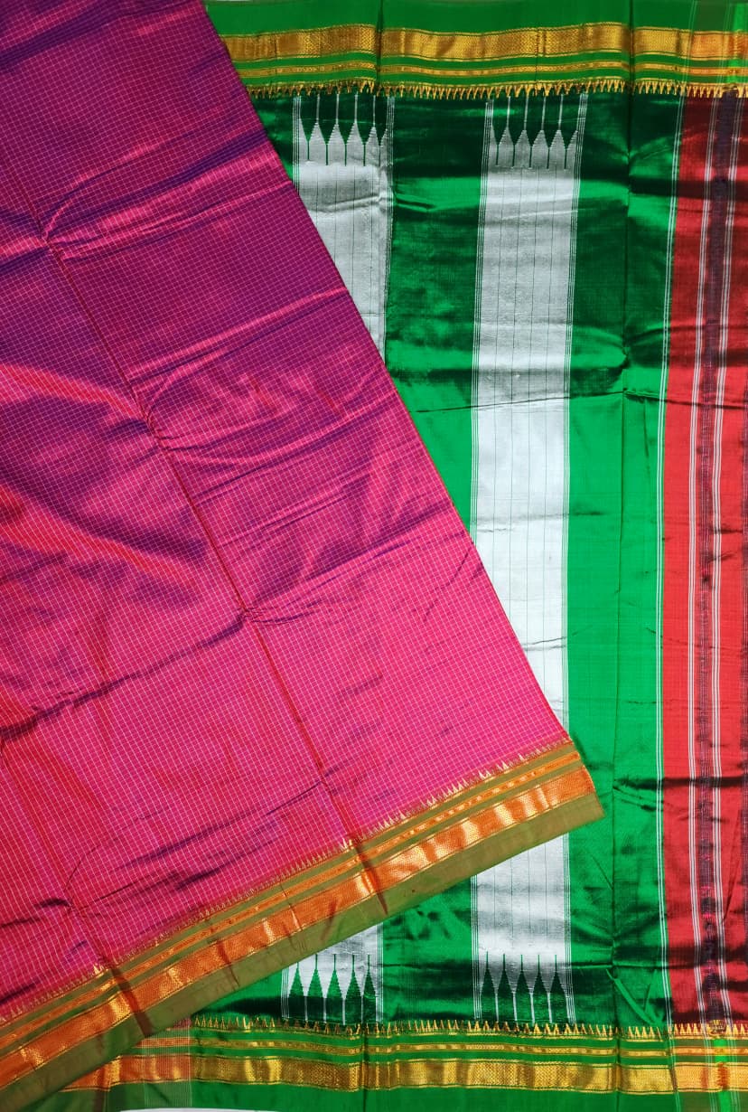 Pink Checks Ilkal Saree with Green-Gold Border