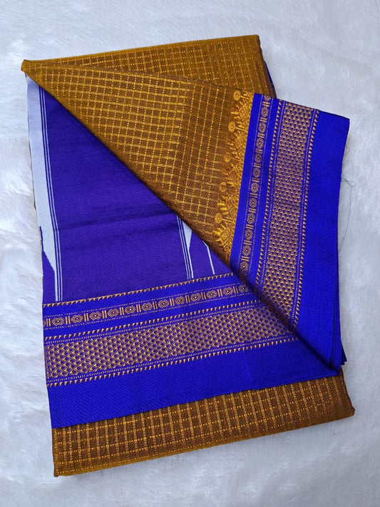 Antique Mustard Mini Checks Ilkal Gadwal Chikki Paras Saree with Royal Blue Border