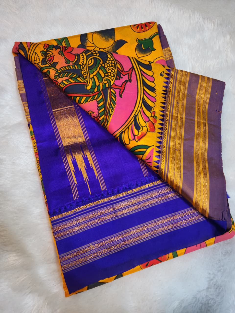 Yellow  Ilkal–Kalamkari Lotus print Fusion Saree