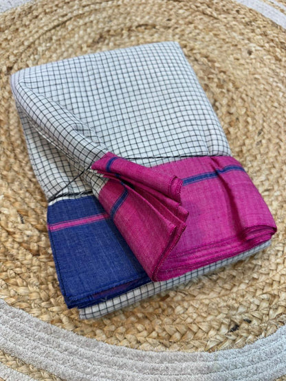 white- blue  Pink Ilkal handloom Patteda Anchu Saree