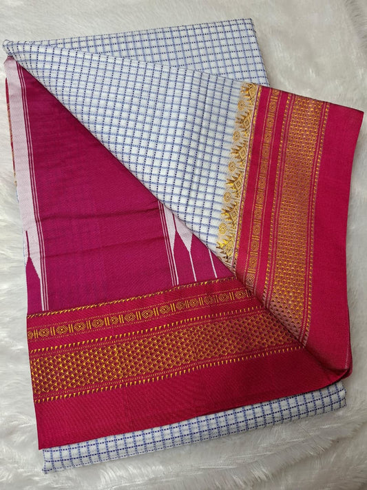 Pearl White thread chaduranga Ilkal with Gadwal Rani Pink Border