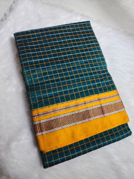 Deep Green Double Checks Ilkal Cotton Saree with Mustard Zari Border