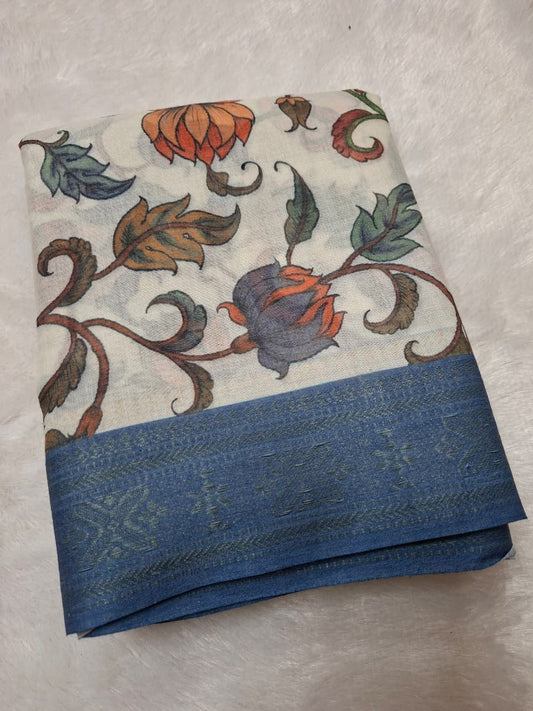 Off White & Blue Cotton- flower Kalamkari Saree