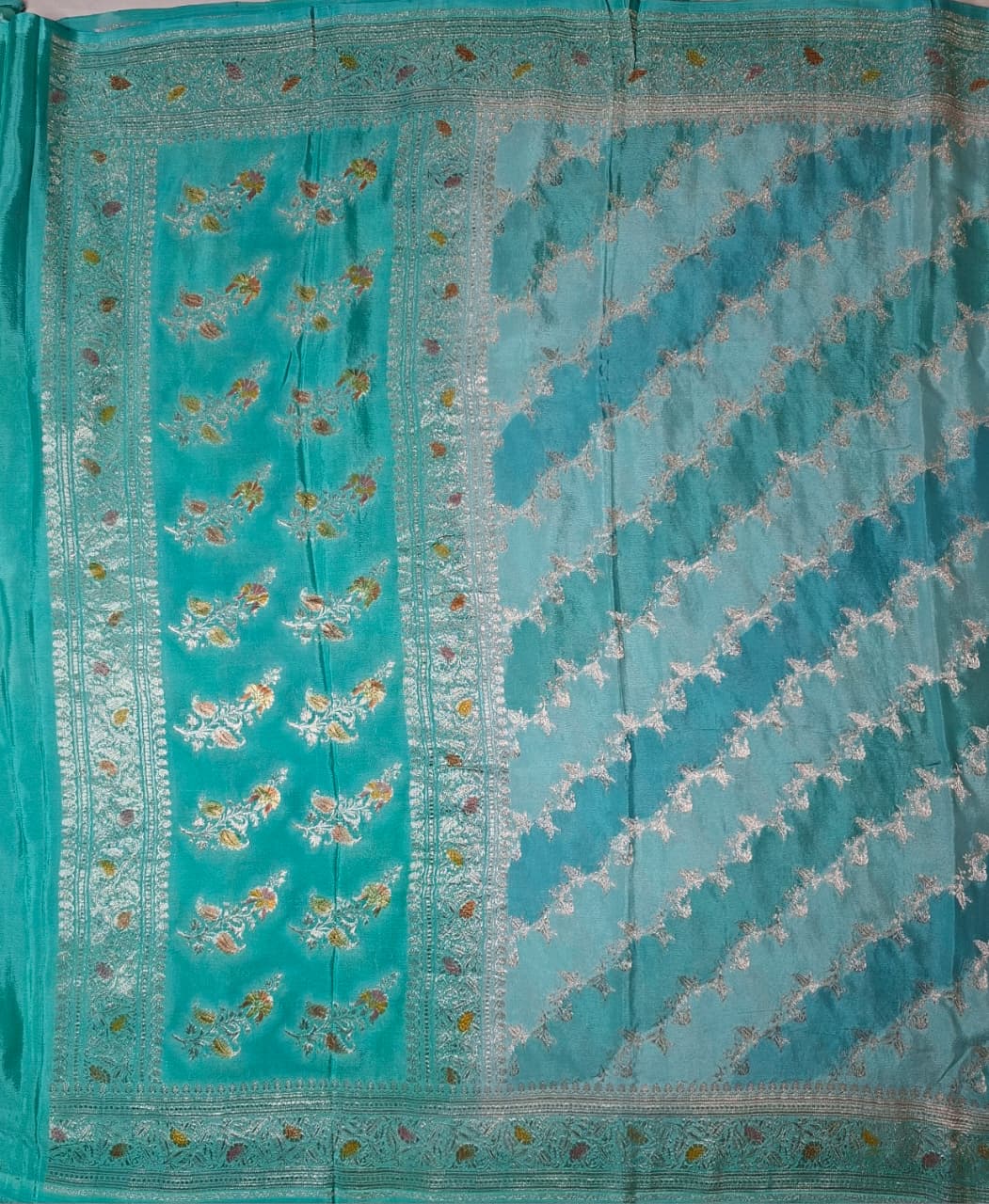 Blue Shaded Banarasi Silk Saree with Silver Floral Vine Zari Weaves