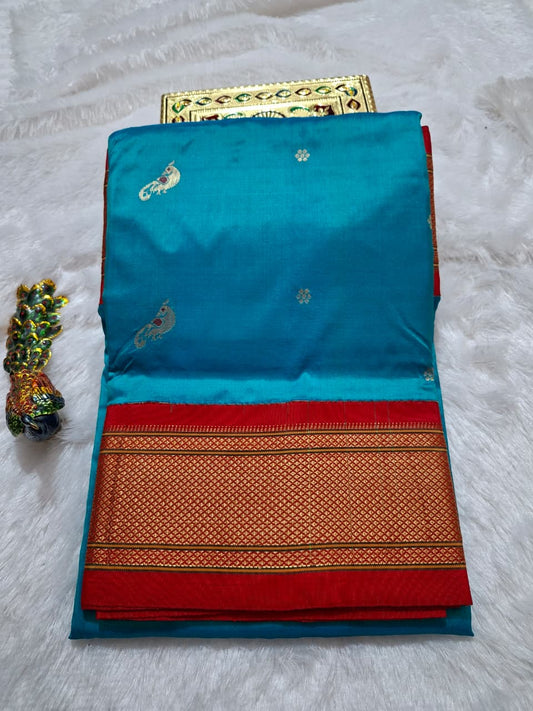 Sky Blue Paithani Silk with Peacock Motifs