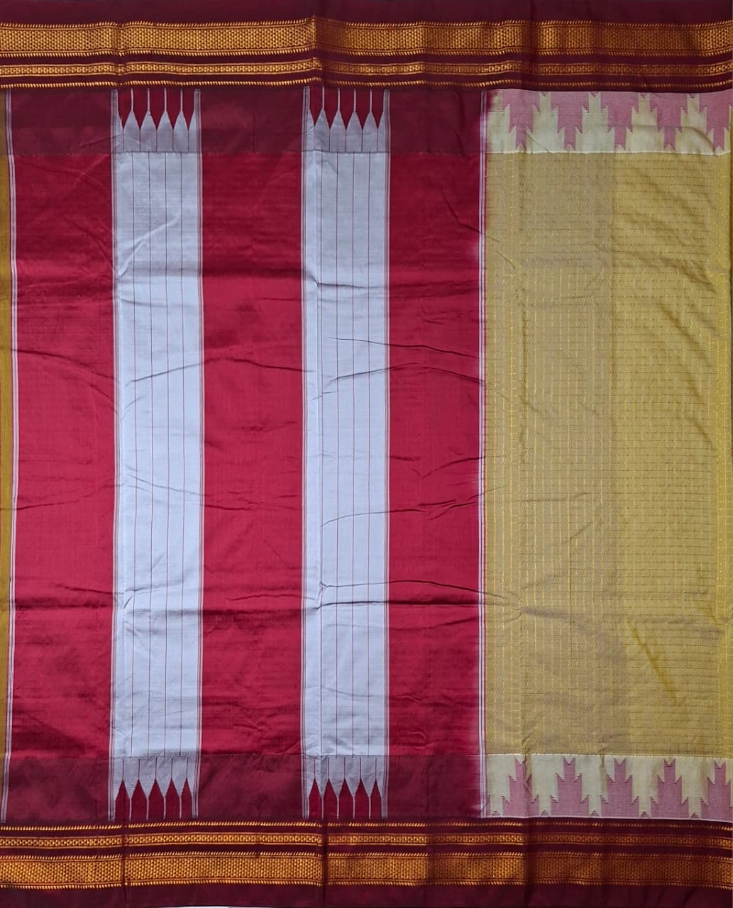 Mustard Gold Gadwal Chaduranga Ilkal Cotton Saree with Contrast Zari Border & Pallu