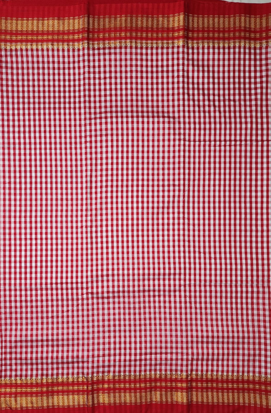Red & White Ilkal mini Checks Saree with Zari Border