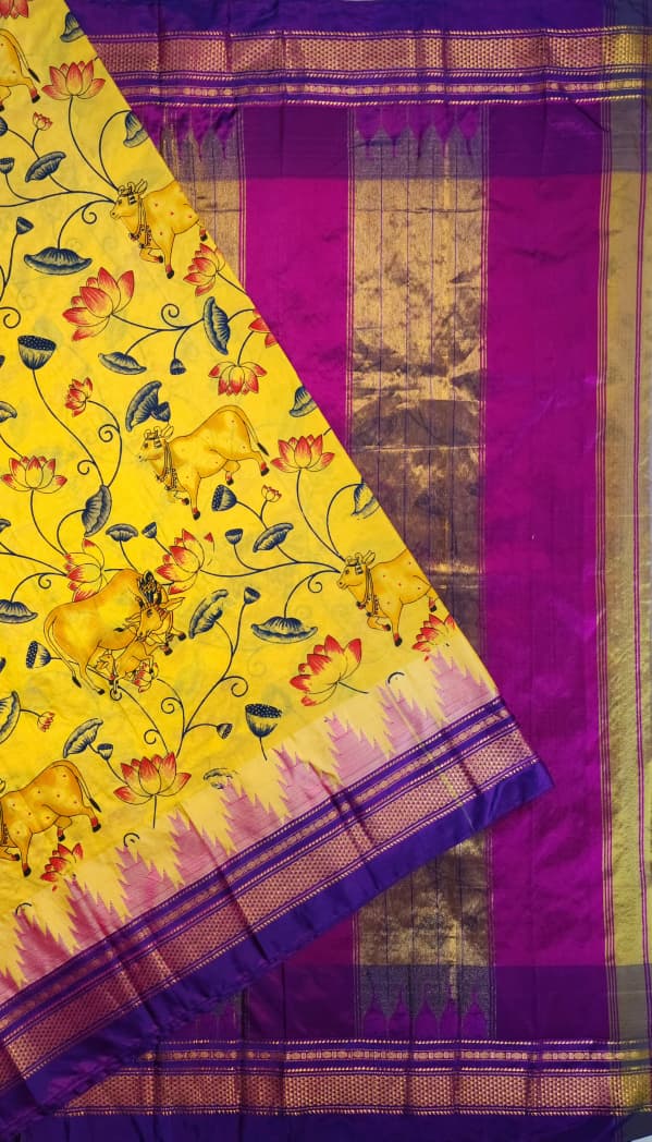 Warm Mustard-Yellow Ilkal–Kalamkari Floral print Fusion Saree