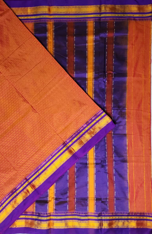 Rust Orange & Purple Ilkal Cotton Saree with Zig-Zag Jari
