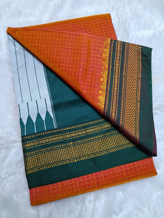Sunset Orange Mini Checks Ilkal Meera Saree with Deep Bottle Green Border