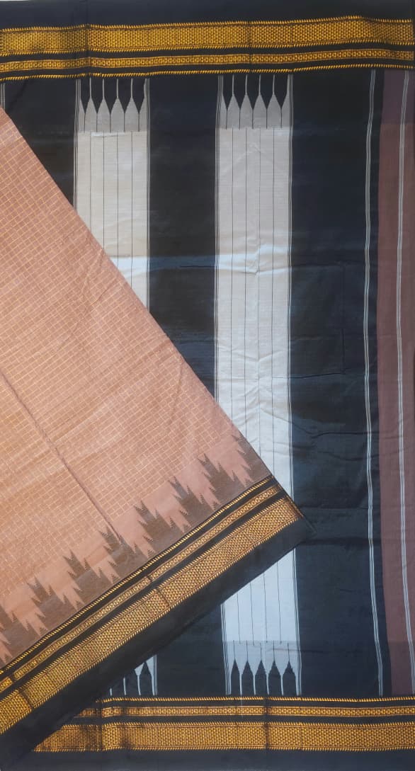 Cocoa-Brown Gadwal Chaduranga Ilkal Cotton Saree with Contrast Zari Border & Pallu