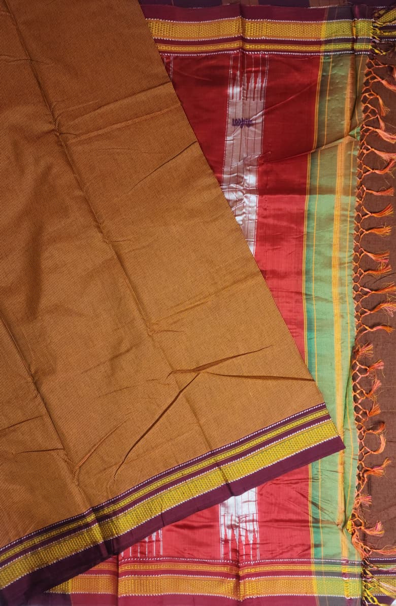 Small Checks Maroon–Mustard Ilkal Cotton Saree