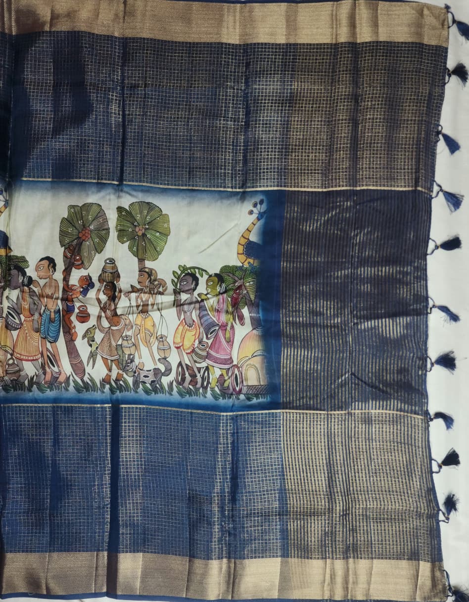 Dark Blue Semi Mysore Silk 3D Print Kalamkari Saree