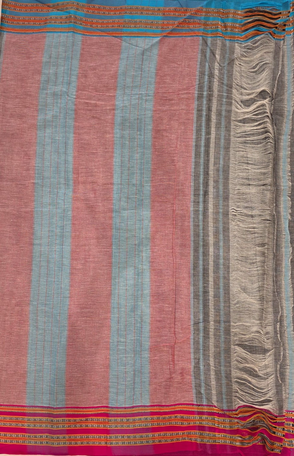 Grey - Pink & Blue Ilkal handloom Patteda Anchu-Gayatri Border